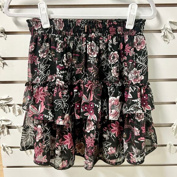 MISA Los Angeles Ceria Pull On Ruffle Tiered Mini Skirt Black Fuchsia Floral M - Picture 7 of 8